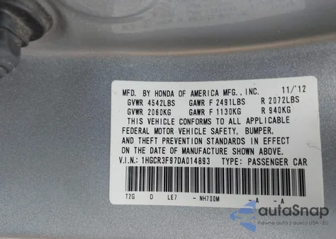 2013 Honda Accord Touring from USA, damaged, VIN 1HGCR3F97DA014893